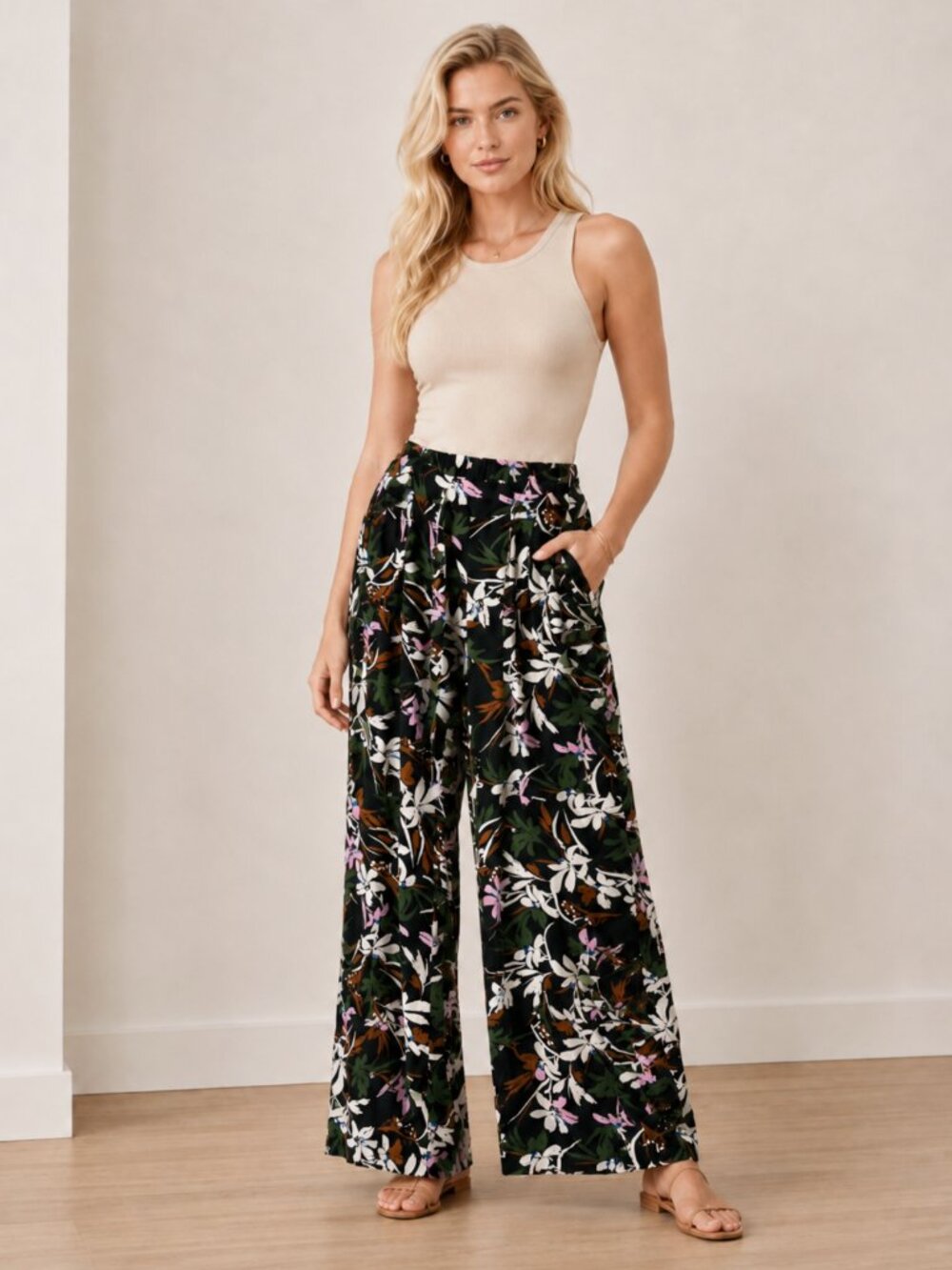 Primark Black Floral Wide Leg Pull-On Pants Drawstring Soft Drapey Size 12